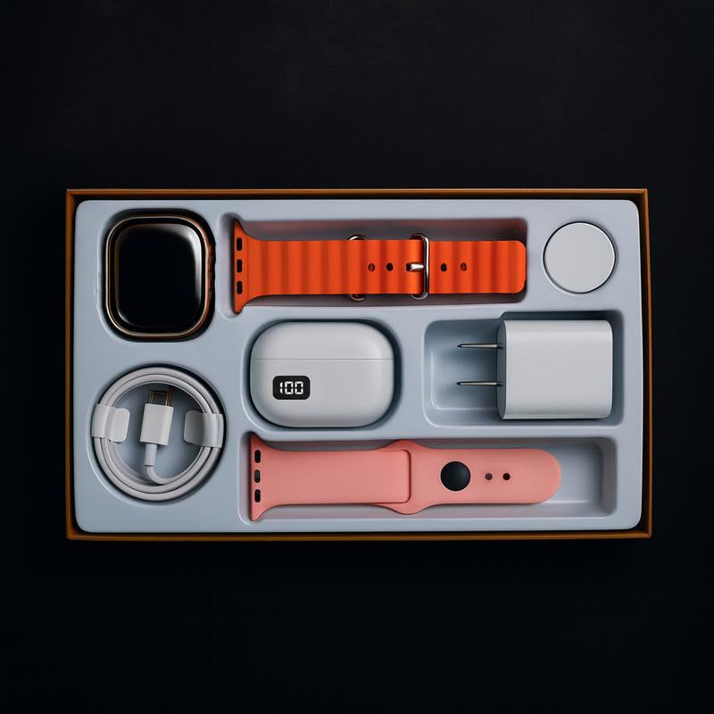 Sports Watch Set: Sports Watch, Bluetooth Earphones, 20W Fast Charger, Type-C Fast Charging Cable, Adapter and Audio Support - Compact and Portable.