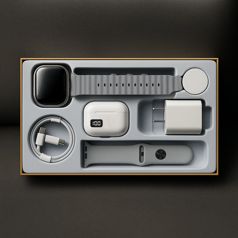 Sports Watch Set: Sports Watch, Bluetooth Earphones, 20W Fast Charger, Type-C Fast Charging Cable, Adapter and Audio Support - Compact and Portable.