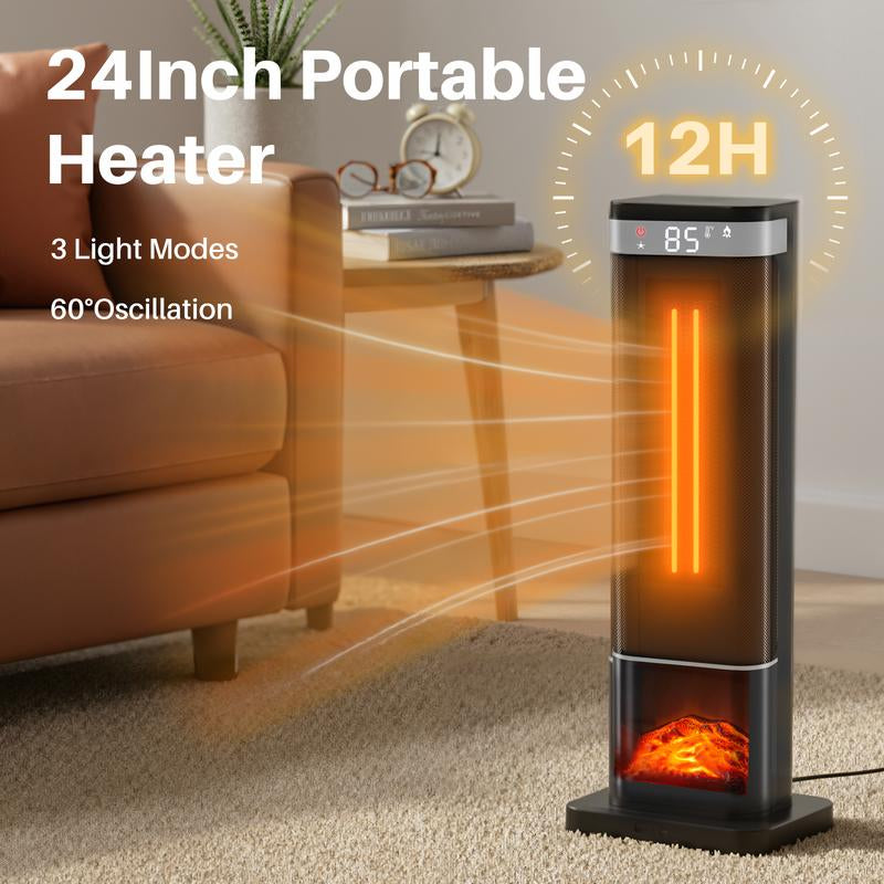 Space Heater for Indoor Use, 23Inch Portable Heater with Remote and Thermostat,7 Light Modes, 70°Oscillation, 12H Timer, up to 95°F, Tip-Over Protection,New Black