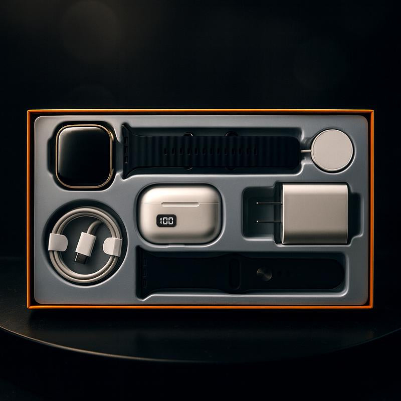 Sports Watch Set: Sports Watch, Bluetooth Earphones, 20W Fast Charger, Type-C Fast Charging Cable, Adapter and Audio Support - Compact and Portable.