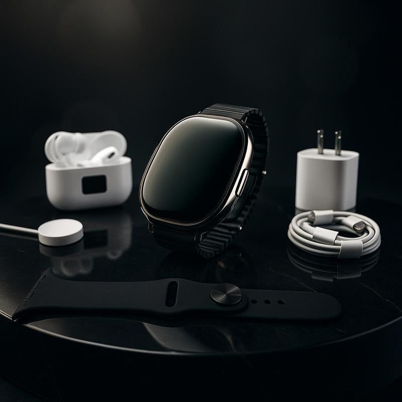 Sports Watch Set: Sports Watch, Bluetooth Earphones, 20W Fast Charger, Type-C Fast Charging Cable, Adapter and Audio Support - Compact and Portable.