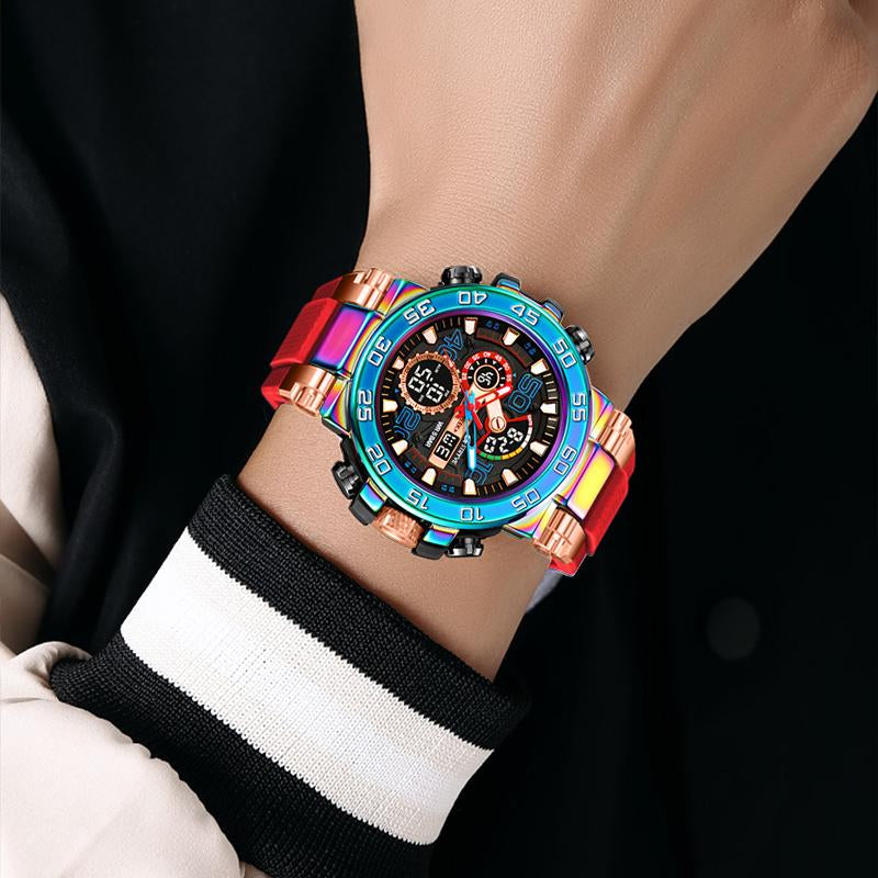 Men'S Colorful Punk Style Quartz Watch, Multi-Functional Waterproof Dual Display Wristwatch, Trendy Fashion Sport Watch, Birthday Gift with Gift Box Fashionable Wristwatch