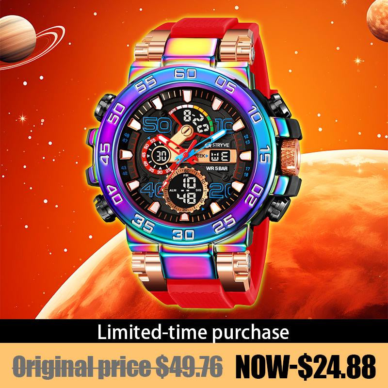 Men'S Colorful Punk Style Quartz Watch, Multi-Functional Waterproof Dual Display Wristwatch, Trendy Fashion Sport Watch, Birthday Gift with Gift Box Fashionable Wristwatch